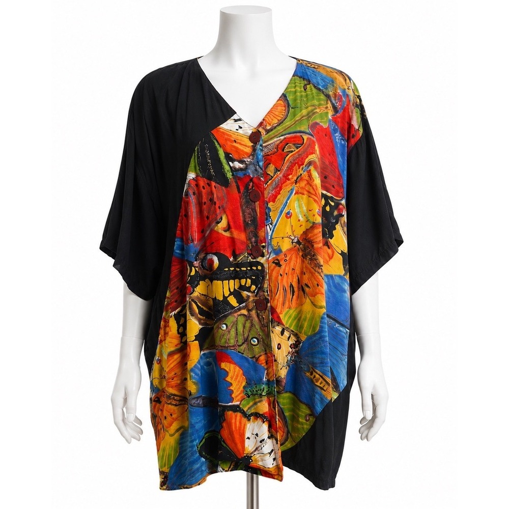 Vintage We Be Bop 1X Butterfly Tunic Top Art to Wear Rayon Boho Colorful READ